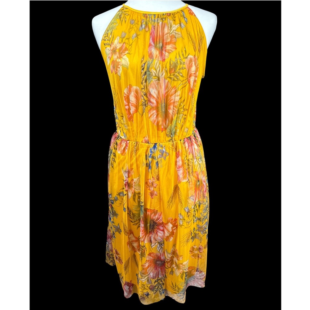 Candalite Halter Sundress Midi Sz Medium Yellow Floral Sleeveless Mesh New